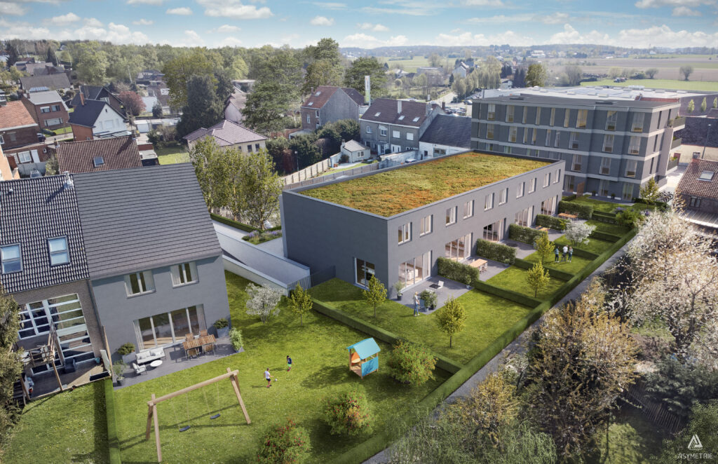 Vue aérienne d'une maison avec un jardin équipé d'une balançoire dans le cadre des projets Lavender Zaventem.