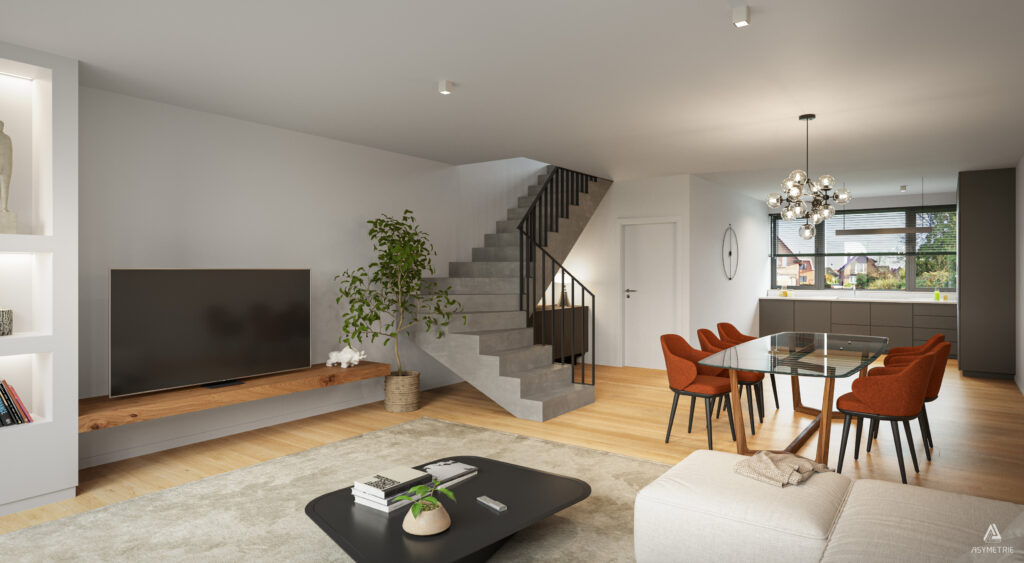 Visuel d'un salon dans une maison à LavandeZaventem avec un escalier, une télévision, un fauteuil et une table à manger.